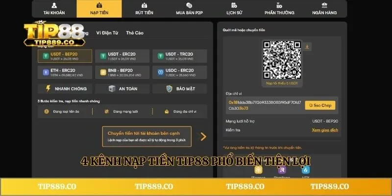 Nạp tiền TIP88 1 4 kênh nạp tiền TIP88 phổ biến tiện lợi