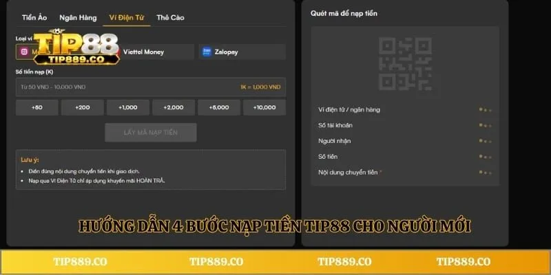 Nạp tiền TIP88 2 Hướng dẫn 4 bước nạp tiền TIP88 cho người mới
