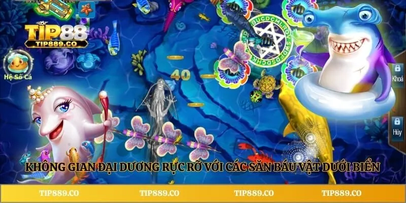 Bắn Cá Kim Cương TIP88 – Tìm Hiểu Vũ Khí, Cơ Chế Tính Điểm 2 Không gian đại dương rực rỡ với các săn báu vật dưới biển