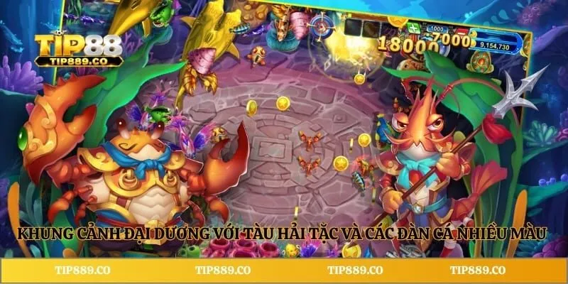 Bắn Cá Hải Tặc TIP88 – Khám Phá Đại Dương Và Săn Thưởng 2 Khung cảnh đại dương với tàu hải tặc và các đàn cá nhiều màu sắc